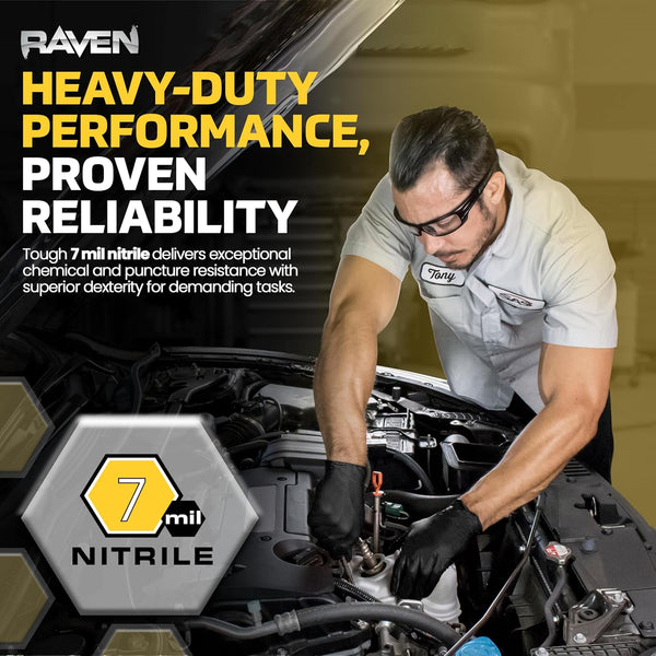 Raven Powder Free Nitrile Disposable Gloves 7 Mil - XL Latex Free, Chemical + Puncture Resistant, Textured Grip, Single Use for Automotive,