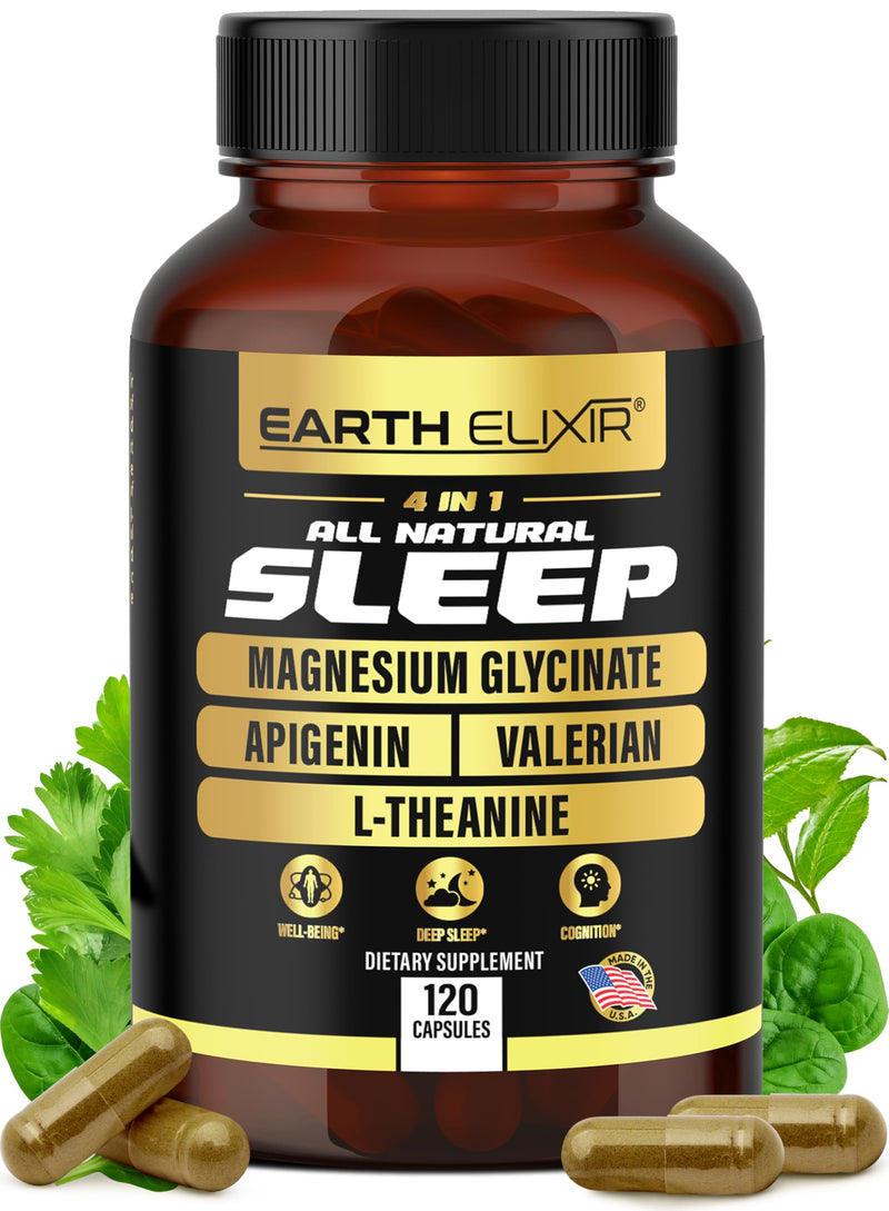 4-In-1 Sleep Aid (120 Caps) W/Apigenin 50Mg, Magnesium Glycinate 200Mg, L Theanine 200Mg & Valerian Root for Sleep Aid 300Mg | Apigenin Supplement