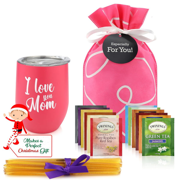 Gifts for Mom - Tea Lovers Gift Basket, Set Includes Temperature Retention Cup 12 Special Blend Teabags & Honey Presented in Beautiful Gift Bag