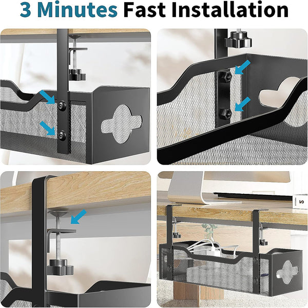 Under Desk Cable Management Tray No Drill, Metal Mesh Cable Management under Desk with Clamp Mount, 2 Hole Cable Tray with Wire Management and