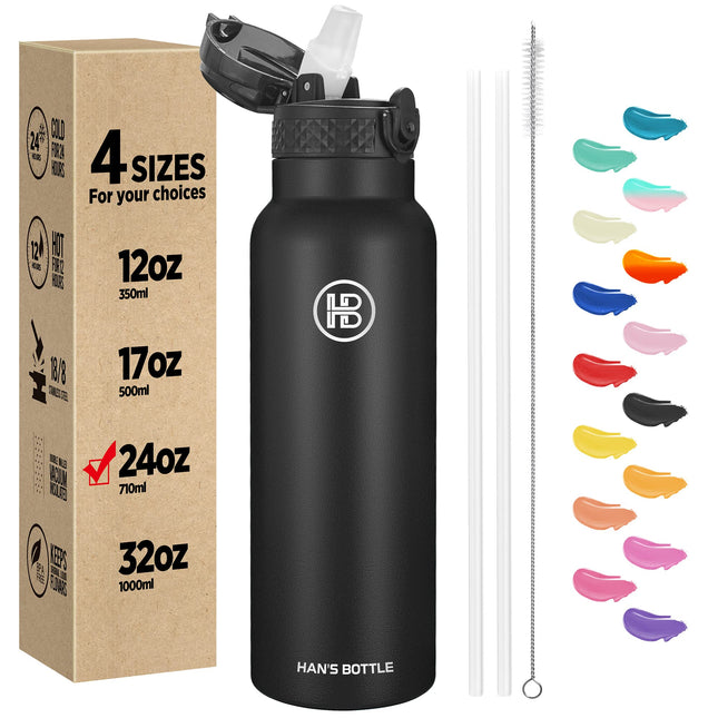 Han'S Bottle Sports Water Bottle - 24 Oz, Straw Lid, Leak Proof, Vacuum Insulated Stainless Steel, Double Walled, Thermo