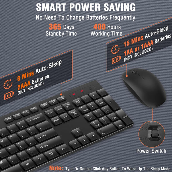 Wireless Keyboard and Mouse Combo, EDJO Silent Full Size Cordless USB Keyboard Mouse, 2.4Ghz Lag-Free, Long Battery Life, for Computer, Laptop,