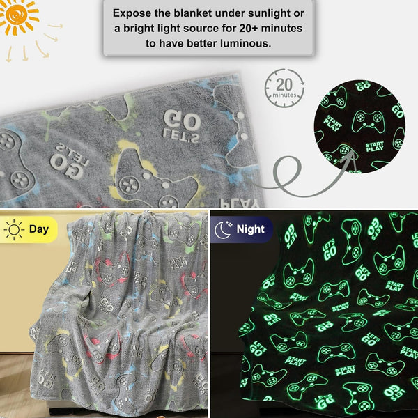Jekeno Glow in the Dark Gaming Blanket Gamer Game Controller Throw Gift Toys for Kids Boys Teen Son Adults Gamepad Presents Easter Birthday