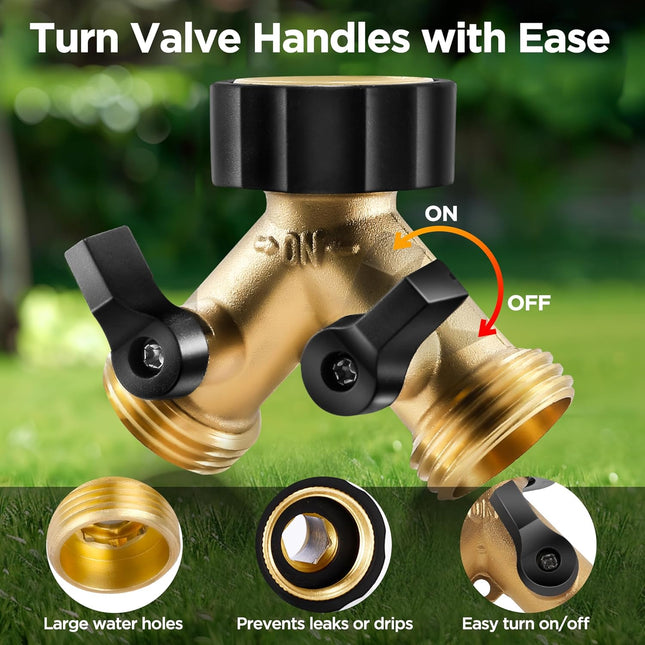 IPOW Solid Brass Body Backyard 2 Way Y Valve Garden Hose Connector Splitter Adapter + Extra 4 Rubber Hose Washers with C
