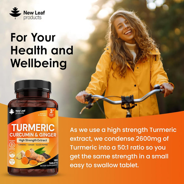 Turmeric Tablets with Black Pepper & Ginger - Curcumin - 180 Turmeric and Black Pepper Tablets (3 Month) High Strength Active Turmeric Supplements