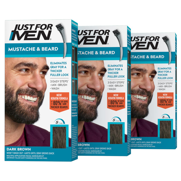 Just for Men Mustache & Beard, Beard Dye for Men with Brush Included, with Keratin Biotin Aloe and Coconut Oil for Healthy Facial Hair - Dark