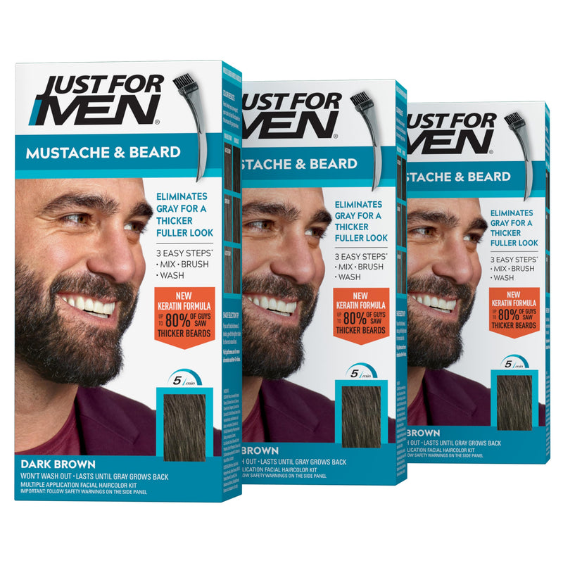 Just for Men Mustache & Beard, Beard Dye for Men with Brush Included, with Keratin Biotin Aloe and Coconut Oil for Healthy Facial Hair - Dark