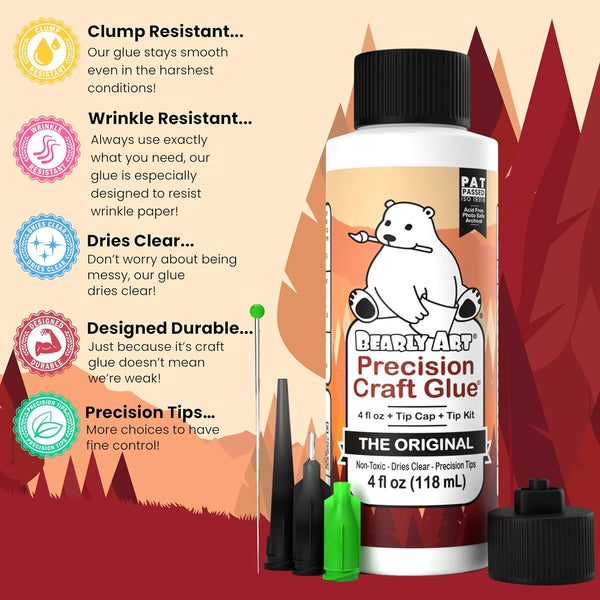 Bearly Art Precision Craft Glue - the Original - 4Fl Oz - Tip Kit Included - Dries Clear - Metal Tip - Wrinkle Resistant - Flexible and Crack