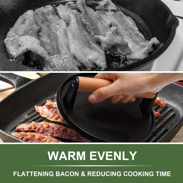 EWFEN Burger Press, 7" round & 8.2"X4.3" Rectangle Heavy-Duty Cast Iron Smash Bacon Press Meat Steak with Wood Handle for Griddle, Sandwich,