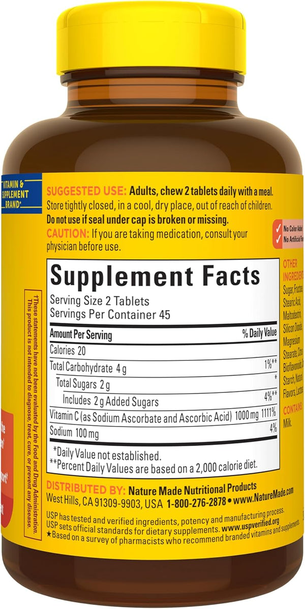Nature Made Extra Strength Dosage Chewable Vitamin C 1000 Mg per Serving, Dietary Supplement for Immune Support, 90 Tablets, 45 Day Supply