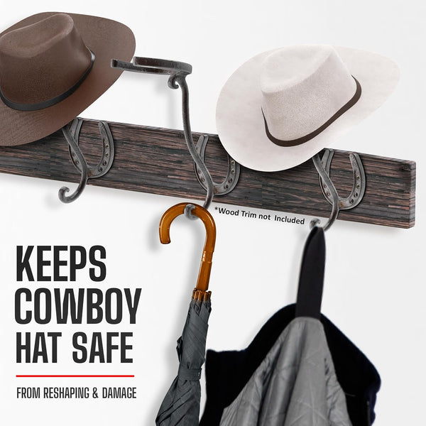 Cowboy Hat Rack - Set of 2 Decorative Wall-Mounted Holder - Heavy-Duty Iron Hanger and Organizer DIY Kit for Hats, Coats and Keys - Rustic Western