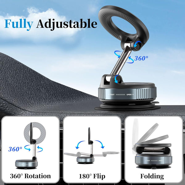 Plusacc Vacuum Magnetic Phone Holder for Car - Suction Cup Phone Mount 360Â° Rotatable Foldable Portable Strong Magnet Stand for Iphone 16/15/14/13