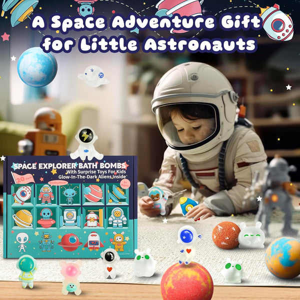 20 Pack Galaxy Bath Bombs for Kids with Space Explorer Toys, Cosmic Adventure Kids Bath Bombs with Astronauts, Rockets, Planets & Glow-In-The-Dark