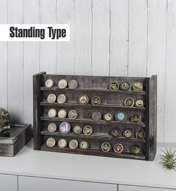 J JACKCUBE DESIGN Rustic Wood Wall Mount Coins Display Rack - 5 Tier Military Holder for Army, Air Force, Navy Awards Collectors Shelf - MK590A