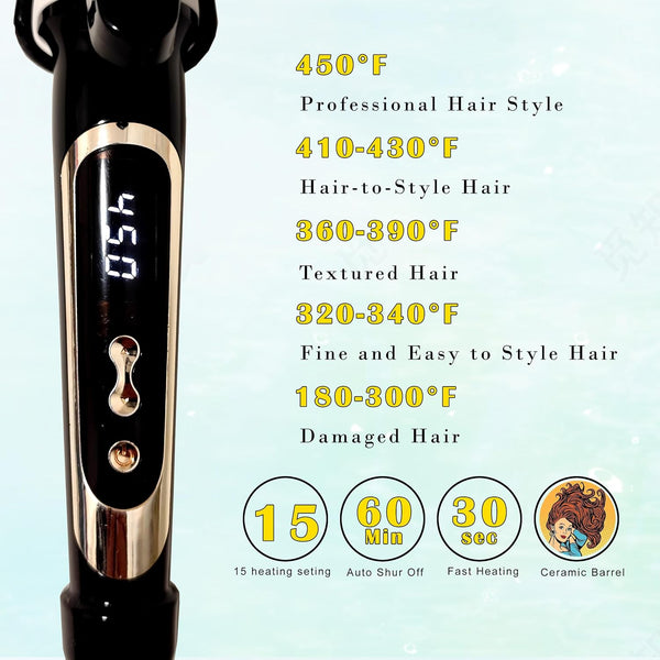 Abp 1 Inch Curling Iron Extra Long Barrel with Ceramic Coating for Long/Medium Hair,Led Display Instant Heat up to 450Â°F with Clamp,Hair Waving