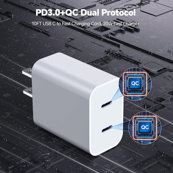 Dayaoncy Compatible with Iphone 16/15 Charger Fast Charging, 20W USB C Wall Charger with 3Pack 10FT USB C to C Cable, Type C to Type C Fast