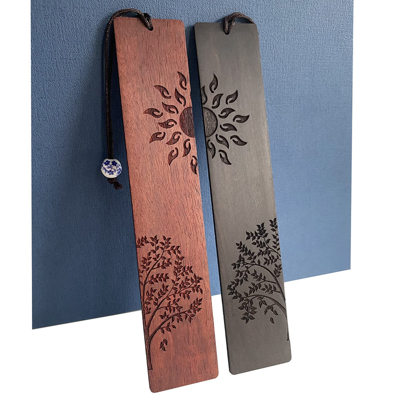 2 Pcs Wood Bookmark, Unique Bookmarks Gift for Men Women, Book Marks Accessories (Sun and Tree)