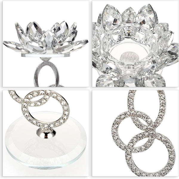 Ownmy Set of 2 Crystal Lotus Flower Candlestick Holders Metal Glass Lotus Pillar Candle Holders, Silver Crystal Lotus Votive Candlesticks Tealight