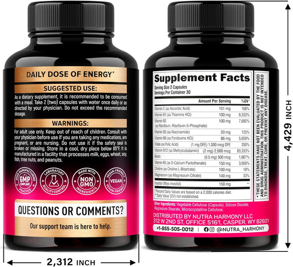 Vitamin B Complex for Men & Women - Made in USA - B-Complex: B1, B2, B3, B5, B6, B7, B8, B9, B12 with Vitamin C, Choline, Inositol - Energy, Brain