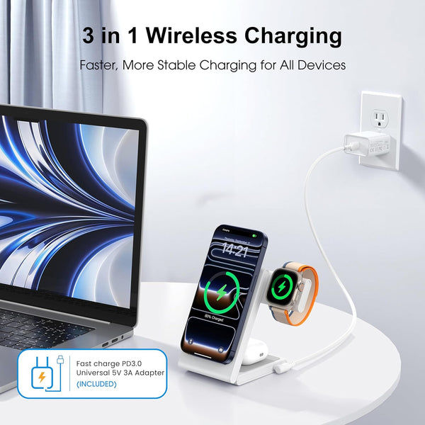 Wireless Charging Station with 20W USB C Adapter, 3 in 1 Magnetic Foldable Travel Charger Stand for Iphone 16 15 14 13 12 Series, Compatible with