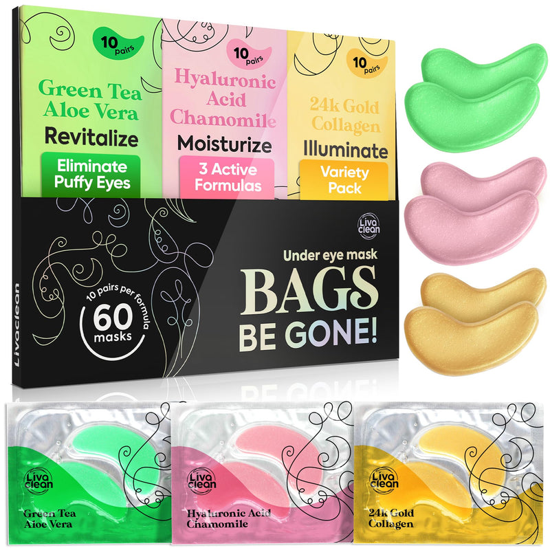 Livaclean 24K Gold under Eye Patches (30 Pairs), Eye Mask, Collagen Skin Care Products, Eye Patches for Puffy Eyes, Eye Masks for Dark Circles and