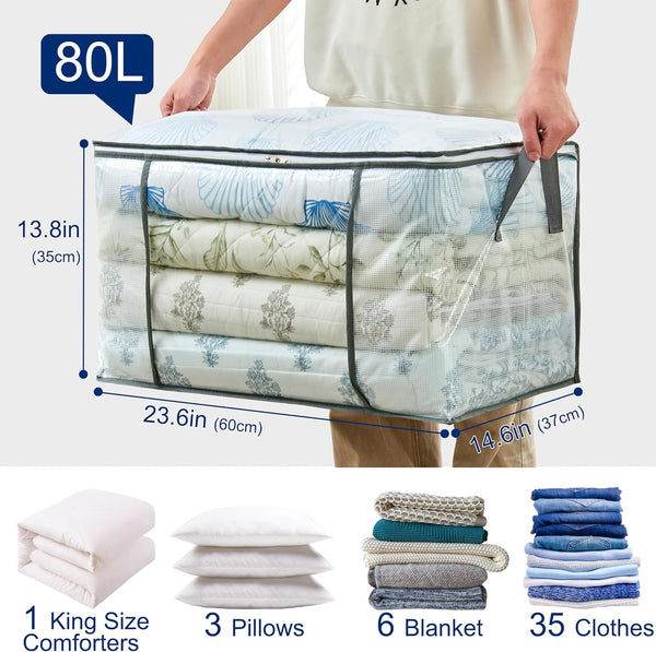 80L Clear Large Storage Bag, Clothes Storage Containers for Organizing Closet, Bedroom, Underbed, Comforters, Clothing, Blankets, Pillow, Foldable
