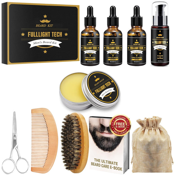 Beard Kit for Men Grooming & Care W/3 Pack Beard Oil, Wash, Balm, Comb, Brush, Scissors,Anniversary Valentines Birthday Fathers Gifts Idea for