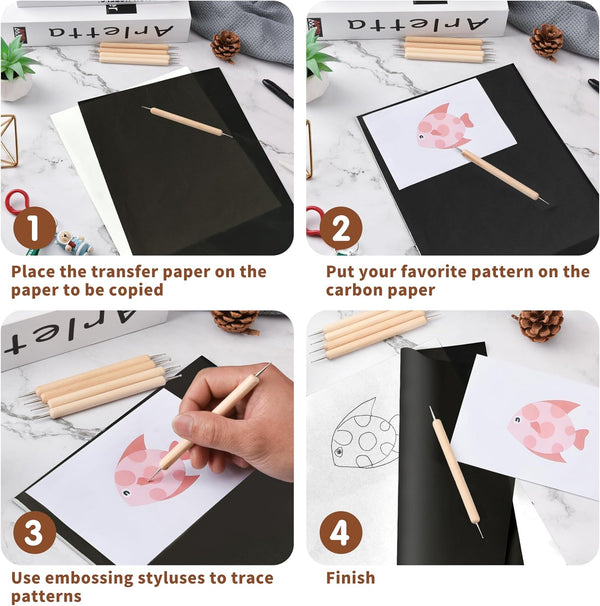 200 Sheets Carbon Paper Graphite Paper Black Carbon Transfer (8.5 X 11.5 Inch) with 5 PCS Embossing Styluses Dotting Tools for Wood Paper Canvas Craft