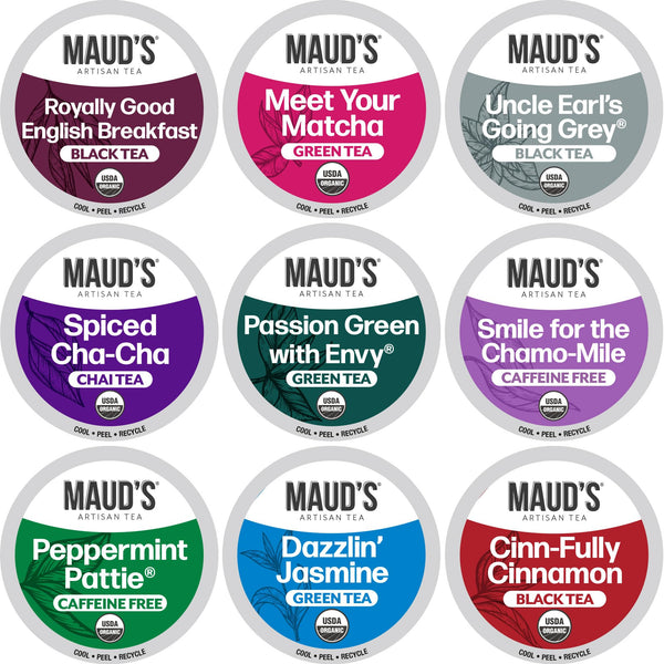 Maud'S 9 Blend Organic Tea Pods Variety Pack, 48 Ct, 9 Assorted Flavors, Recyclable Single Serve Pods â100% Gourmet Blended Tea Leaves, Compatible