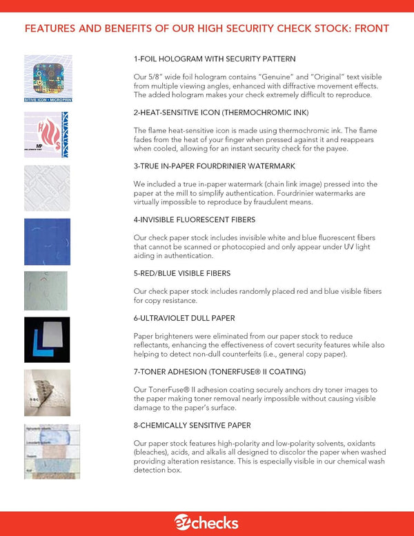 EZ Checks High Security Check Paper with Hologram & 20 Security Features | 500 Sheets | Quickbooks Compatible (Blue/Maroon, Check at Top)