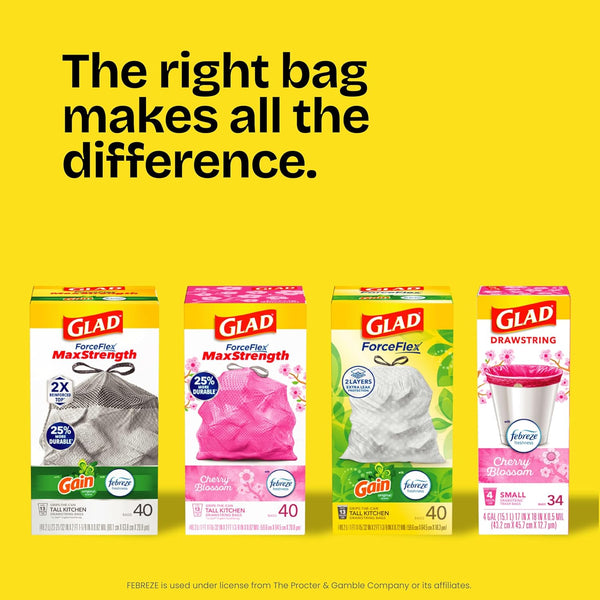 Glad Forceflex Tall Kitchen Trash Bags, 13 Gal, Gain Original with Febreze, 80 Ct (Pack May Vary)