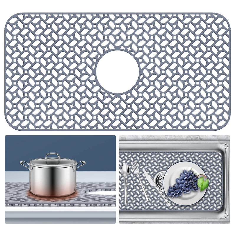 JUSTOGO Silicone Sink Protector, Non-Slip Heat Resistant Kitchen Sink Mat Grid Accessory, Center Drain (24.8"X 13"), Grey