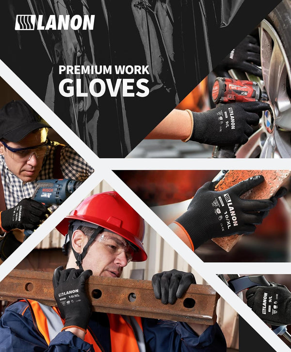 LANON Safety Work Gloves for Men and Women, 18 Pairs Mechanic Black Working Gloves with Grip Odorless PU Coated, Seamless Knit, Full Fingertip