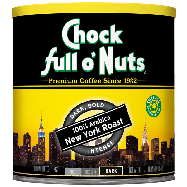 Chock Full OâNuts New York Roast, Dark Roast Ground Coffee â Gourmet Arabica Coffee Beans â Bold, Full-Bodied and Intense Coffee (30.5 Oz. Can)