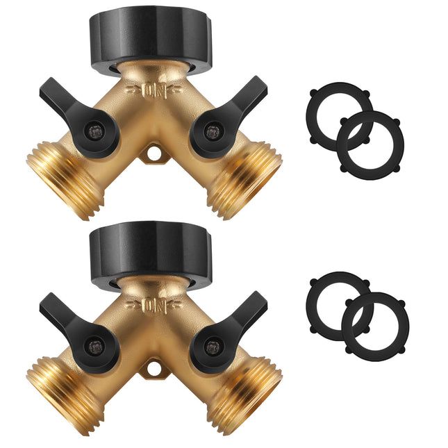 IPOW Solid Brass Body Backyard 2 Way Y Valve Garden Hose Connector Splitter Adapter + Extra 4 Rubber Hose Washers with C