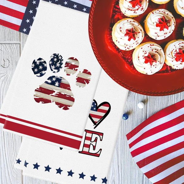 GPGHE 4Th of July Kitchen Towel 18X26 Inch American Flag Home Love Dog Paw Hand Towels Independence Day Memorial Day Home Kitchen Party