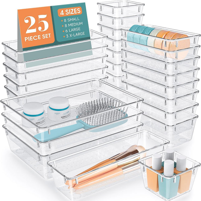 WOWBOX 25 PCS Clear Plastic Drawer Organizer Set, 4 Sizes Desk Drawer Divider Organizers and Storage Bins for Makeup, Je