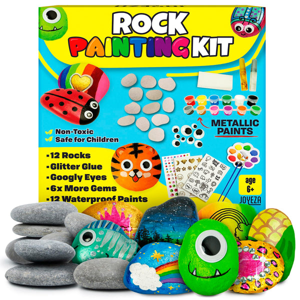 JOYEZA Rock Painting Kit Deluxe, Arts and Crafts for Girls Boys Age 6+, 12 Rocks Tween Gift Art Set, Waterproof Paints, Craft Kits Art Supplies,