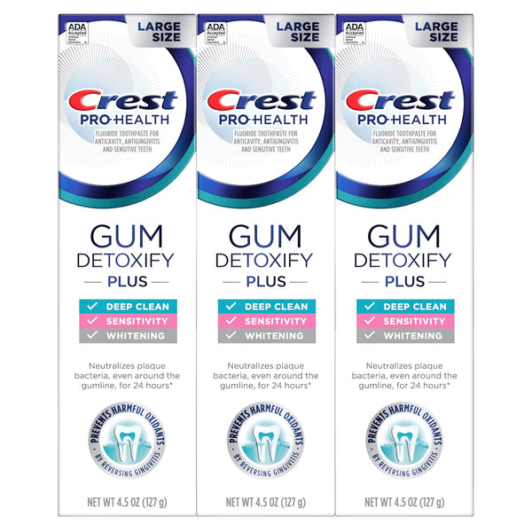 Crest Pro-Health Gum Detoxify plus Toothpaste 4.5 Oz Pack of 3 - Antibacterial Fluoride Toothpaste, Sensitivity Protection, Whitens Teeth,