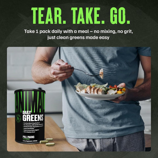 Animal Daily Greens Pill Packs - Kale, Wheat Grass, Alfalfa & More - Convenient Prebiotic and Probiotic Superfood Blend for Superior Digestion,
