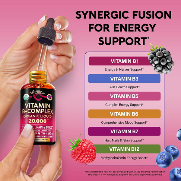 USDA Organic Vitamin B-Complex B5 Pantothenic Acid | B12 Methylcobalamin | B1 Thiamine | B6 Pyridoxine | B7 Biotin | B9 Folic | B3 Niacinamide - B