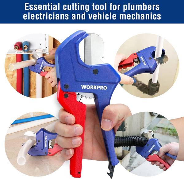 WORKPRO Ratchet PVC Pipe Cutter, Up to 1-5/8", Plastic Pipe and Tubing Cutter for PEX, PVC, PPR, and Plastic Hoses, High-quality Aluminum