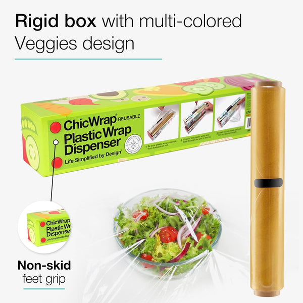 Chicwrap Veggies Refillable Plastic Wrap Dispenser - Includes 12" X 250' Roll Professional Grade Disposable Plastic Wrap - Reusable Dispenser