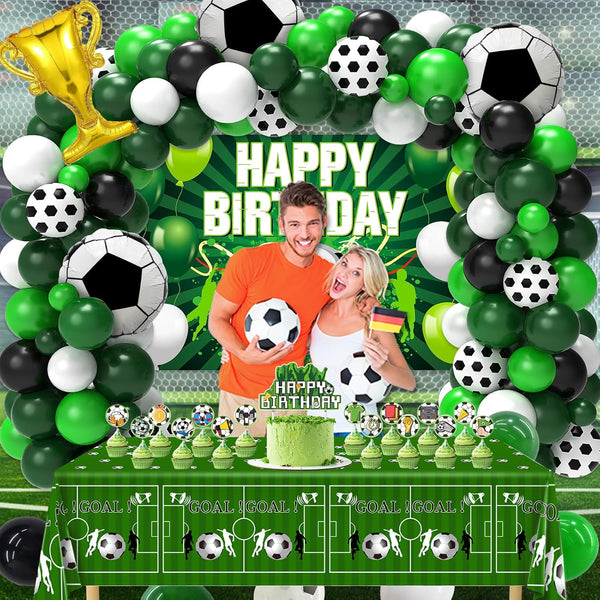 Soccer Party Decorations, 122Pcs Soccer Birthday Party Decorations Supplies with Latex Balloons Happy Birthday Banner Tablecloth and Cake Toppers