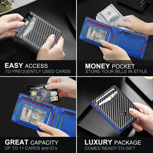 GSOIAX Slim Wallet for Men Leather Carbon Fiber RFID Blocking Minimalist Front Pocket Bifold Mens Wallet with ID Window,12 Credit Card Holders