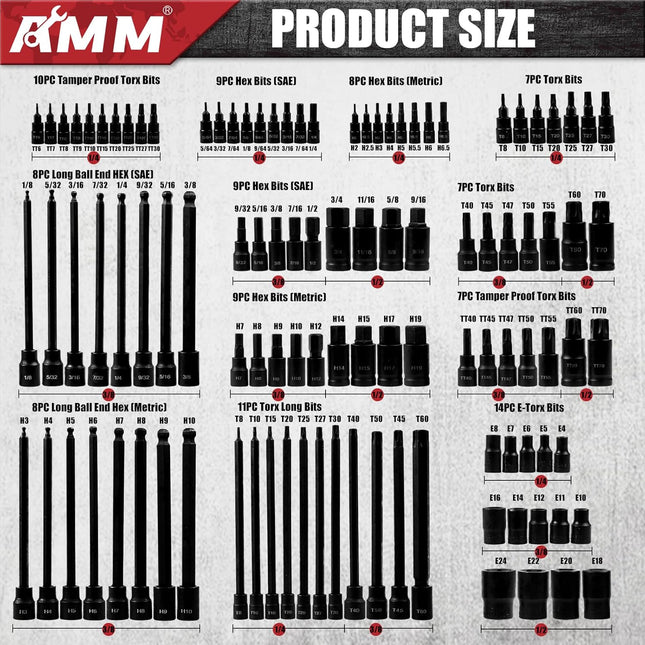 AMM 107PCS Allen and Torx Bit Socket Set, 1/4", 3/8" and 1/2" Drive,Extra Long Torx/Tamper Proof Torx/Hex/Ball End Hex,S