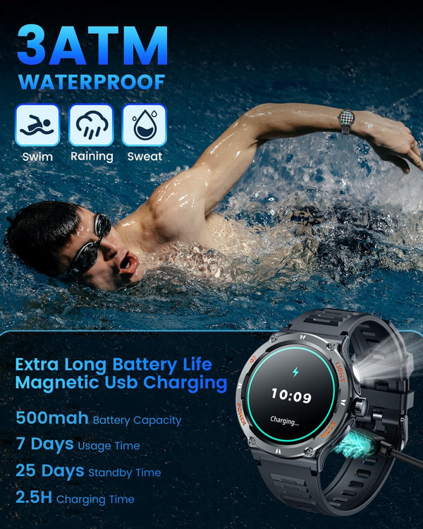 Smartwatch Men Fitness Tracker Watch: Smart Watches 1.53" round Touchscreen 3ATM Waterproof LED Flashlight Bluetooth Call Heart Rate Blood