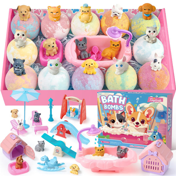 Bath Bombs for Kids with Surprise inside for Girls Boys, 12 Pack Kids Bath Bombs with Dog & Cat Toys Pretend Playset Handmade Bubble Bath Fizzies