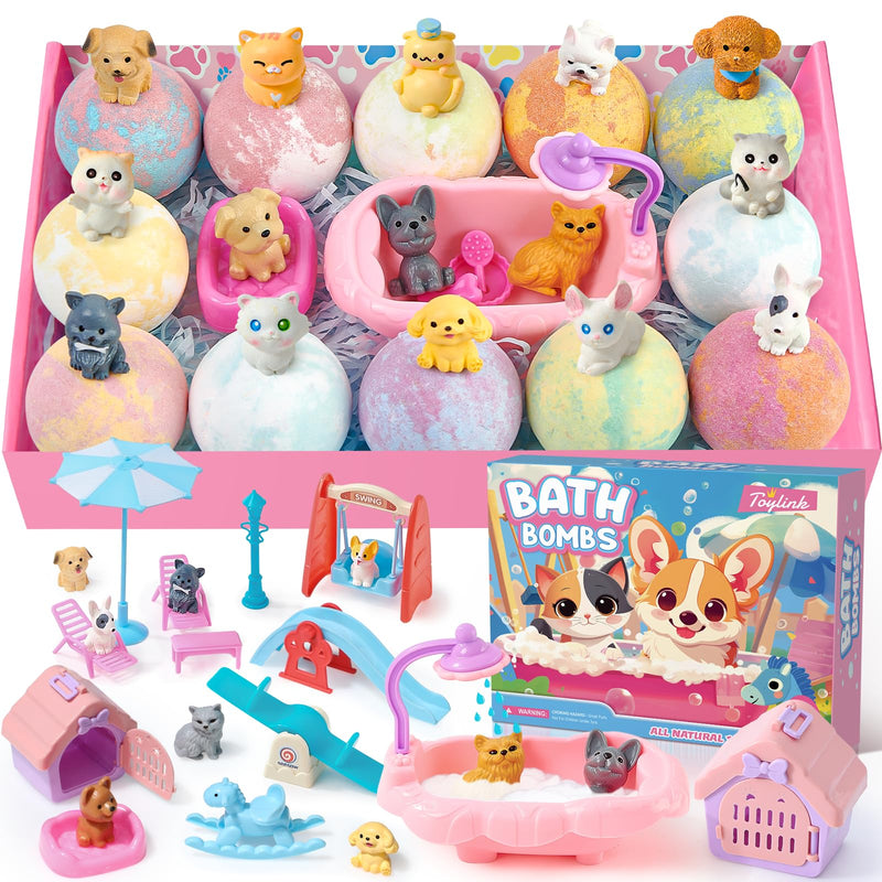 Bath Bombs for Kids with Surprise inside for Girls Boys, 12 Pack Kids Bath Bombs with Dog & Cat Toys Pretend Playset Handmade Bubble Bath Fizzies