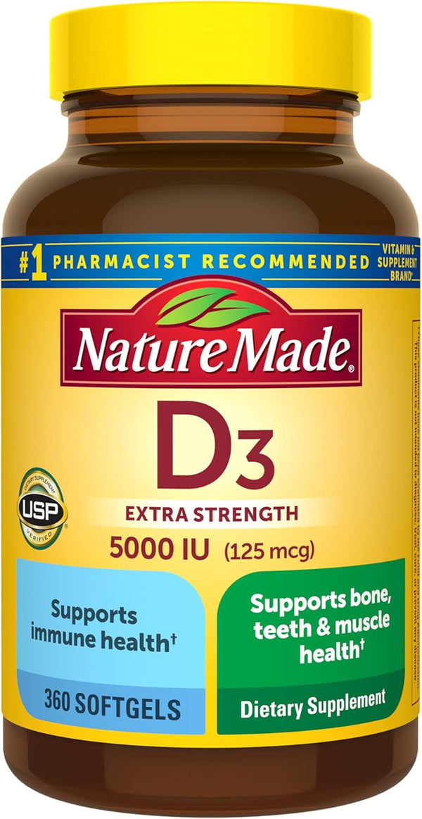 Nature Made Extra Strength Vitamin D3 5000 IU (125 Mcg), Dietary Supplement for Bone, Teeth, Muscle and Immune Health Support, 360 Softgels, 360